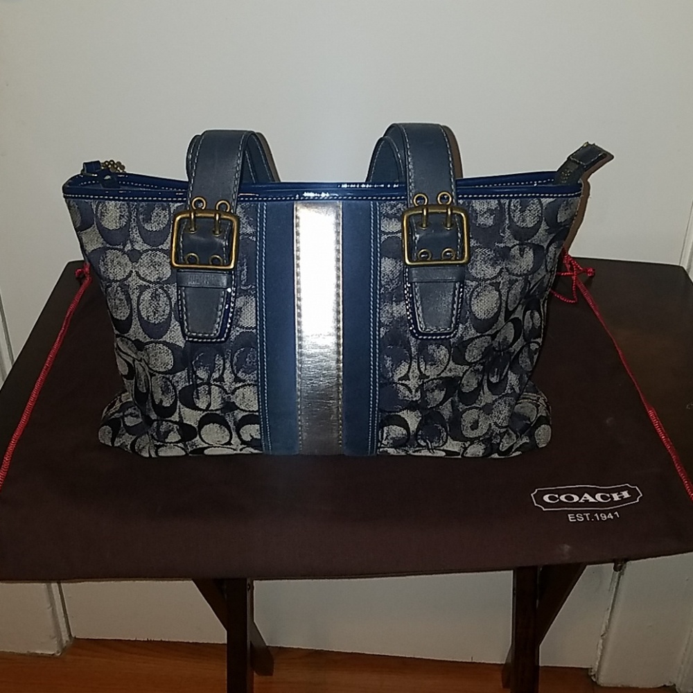 Coach Blue Tie Dye Canvas Leather Satchel Tote